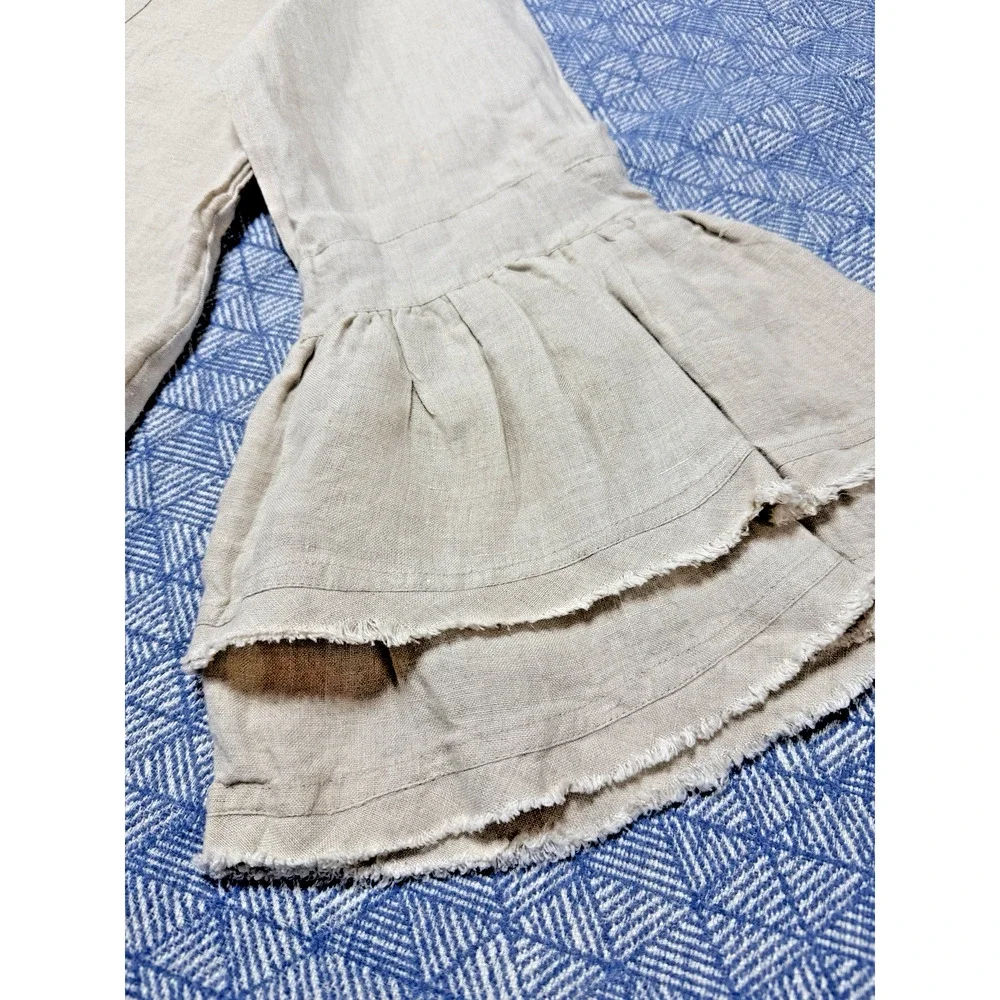 Crown Linen Designs Bella Bell Sleeve Top Large Flax Beige V-Neck Linen Tunic - Picture 3 of 12
